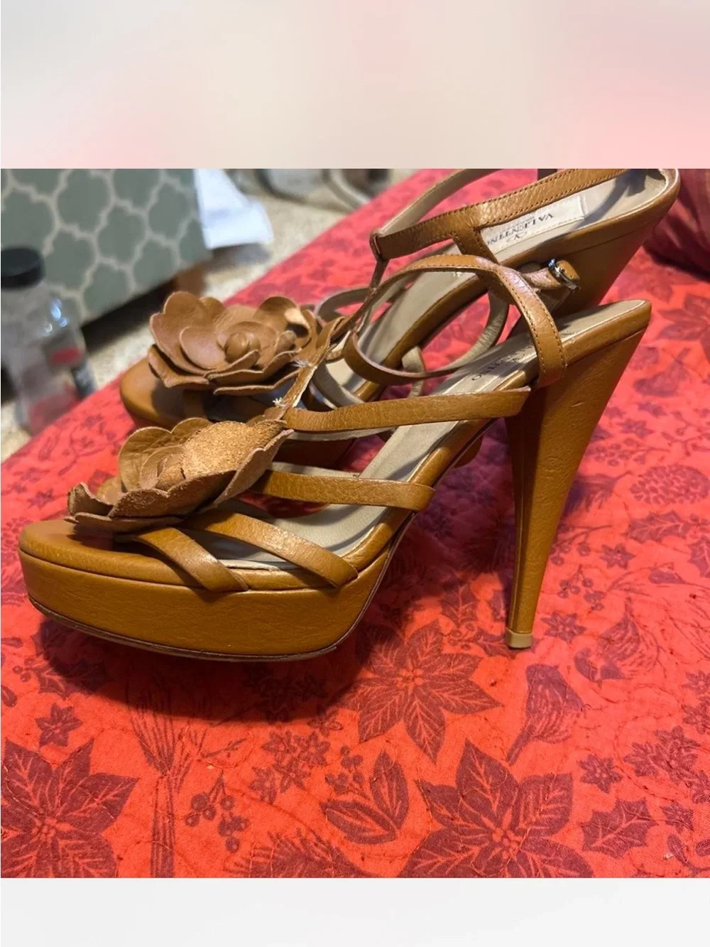Valentino Brown Leather Floral Strappy Heels